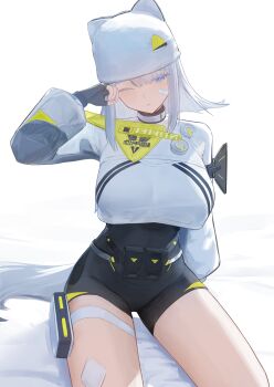 Rule 34 | 1girl, absurdres, arknights, arknights: endfield, arm up, bandaid, bandaid on face, belt, black bodysuit, blue eyes, bodysuit, breasts, cat girl, cat tail, chinese commentary, ciexbiet, closed mouth, commentary request, cowboy shot, cropped shirt, estella (arknights), fingerless gloves, gloves, grey gloves, hat, hat with ears, highres, huge breasts, long sleeves, looking at viewer, medium hair, one eye closed, puffy sleeves, shirt, shrug (clothing), sidelocks, simple background, sitting, solo, straight hair, tail, thighs, white background, white hair, white hat, white shirt, white shrug