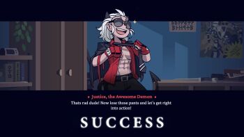 1girl abs bad_id bad_pixiv_id black_horns black_tail breasts casual_suit demon_girl demon_tail english_text fake_screenshot female_focus fingerless_gloves gloves hair_down helltaker highres horns jacket jacket_on_shoulders justice_(helltaker) krekkov medium_breasts muscular muscular_female no_bra official_style open_clothes open_mouth open_shirt red_gloves short_hair solo sparkle sunglasses tail tinted_eyewear undressing visual_novel white_hair