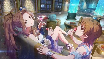 1girl 2girls anime_coloring apple bag blue_bow blue_dress blue_gemstone bow brown_hair cherry couch cup curtained_hair dress drinking_glass earrings eating fish fish_tank food frilled_dress frilled_wristband frills fruit futami_ami game_cg gem glint grapes green_eyes hair_bow hair_flowing_over halterneck high_heels high_ponytail holding holding_food holding_fruit idolmaster idolmaster_(classic) idolmaster_million_live! idolmaster_million_live!_theater_days indoors jewelry long_hair looking_at_viewer looking_back looking_to_the_side multiple_girls nikaido_chizuru official_art on_couch on_plate plate ponytail shoes side_ponytail sitting strappy_heels table third-party_source very_long_hair white_dress white_shoes wide_ponytail window wine_glass wristband
