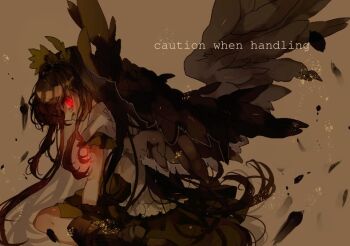 1girl black_hair black_skirt bow brown_background clenched_teeth commentary_request english_text feathers full_body glowing glowing_eyes green_bow hair_bow leaning_forward long_hair looking_at_viewer looking_back one-hour_drawing_challenge puffy_short_sleeves puffy_sleeves red_eyes reiuji_utsuho seiza shinjitsu_no_kuchi shirt short_sleeves sitting skirt solo teeth touhou white_shirt