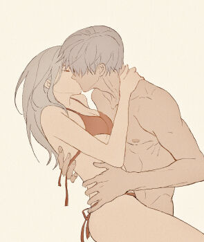 1boy 1girl absurdres arm_around_back bikini blonde_hair breasts cleavage closed_eyes couple grey_hair hair_between_eyes hair_over_eyes hand_on_another&#039;s_neck hand_on_another&#039;s_waist hetero highres hug kiss ladxena long_hair love_and_deepspace medium_breasts midriff red_bikini short_hair swimsuit thighs topless_male underboob white_background xavier_(love_and_deepspace)