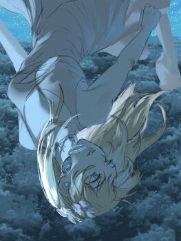 1girl ballet_slippers bare_shoulders blonde_hair blue_eyes breasts choker cleavage cleavage_cutout clothing_cutout commentary dcst_2b2e dr._stone dress earrings flower flying foot_up_heel_up hair_down hair_flower hair_ornament heel_up high_heels jewelry jumping kohaku_(dr._stone) lips lipstick long_hair makeup medium_breasts night parted_lips pink_choker pink_dress pink_lips sky solo star_(sky) starry_sky symbol-only_commentary tree upside-down white_dress