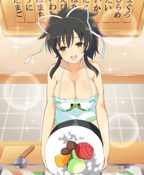 1girl :d animal_print apron armpit_crease asuka_(senran_kagura) black_hair blush breasts brown_eyes cleavage cleaver fish_(food) food frilled_apron frills frog_print hair_between_eyes hair_ribbon heavy_lens_flare indoors kitchen kitchen_knife knife large_breasts lens_flare looking_at_viewer makizushi naked_apron nori_(seaweed) official_art open_mouth oversized_food oversized_object ponytail ribbon rice sashimi senran_kagura senran_kagura_bon_appetit senran_kagura_new_wave senran_kagura_shoujo-tachi_no_shin'ei short_hair short_ponytail sidelocks smile solo sparkle standing sushi teeth tile_floor tiles tongue translation_request upper_teeth_only white_ribbon