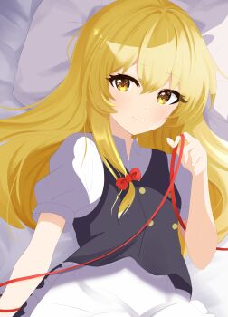 1girl absurdres apron black_vest blonde_hair bow commentary_request create_pride hair_bow highres kirisame_marisa long_hair looking_at_viewer red_bow shirt short_sleeves single_sidelock solo string string_of_fate touhou vest white_apron white_shirt yellow_eyes