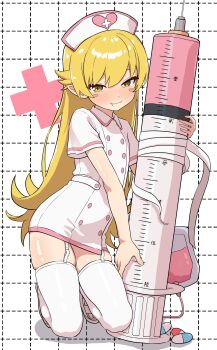 1girl absurdres alternate_costume blonde_hair blush_stickers garter_straps hat highres kneeling large_syringe long_hair looking_at_viewer monogatari_(series) nurse nurse_cap oshino_shinobu oversized_object pill sandals smile solo syringe thighhighs white_background white_thighhighs yoshikirino