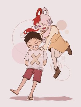 Rule 34 | 1boy, 1girl, ^ ^, aged down, black hair, boots, brown boots, closed eyes, commentary, cross, dress, full body, hair over one eye, headphones, highres, monkey d. luffy, multicolored hair, one piece, one piece film: red, only op2024, purple eyes, red hair, red shorts, sandals, shirt, short hair, shorts, smile, symbol-only commentary, t-shirt, twintails, two-tone hair, uta (one piece), white hair, white shirt