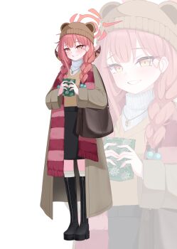 1girl 82jhin absurdres alternate_costume alternate_hairstyle animal_ears aru_(blue_archive) beanie bear_ears black_boots black_skirt blue_archive boots braid braided_twintails brown_coat brown_horns brown_sweater coat commentary_request demon_horns earrings fake_animal_ears grin hair_over_shoulder halo hat heat_pad highres holding horns jewelry knee_boots kneehighs long_hair long_sleeves looking_at_viewer low_twintails necklace red_hair red_halo scarf skirt smile socks solo sweater sweater_vest turtleneck turtleneck_sweater twintails white_background white_sweater winter_clothes yellow_eyes zoom_layer