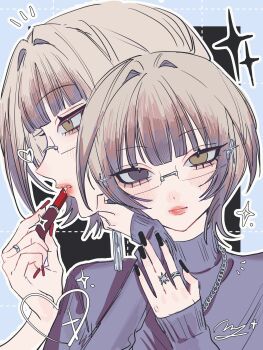 Rule 34 | black background, black nails, blonde hair, blue background, blue border, blunt bangs, blush, border, closed mouth, commentary, cross, four-pointed star, glasses, grid background, hair ornament, heart, heterochromia, highres, jewelry, lipstick, looking at viewer, makeup, momotamago, multiple views, nail polish, necklace, nose blush, notice lines, original, parted lips, portrait, red nails, ring, semi-rimless eyewear, sweater, turtleneck, turtleneck sweater, yellow eyes