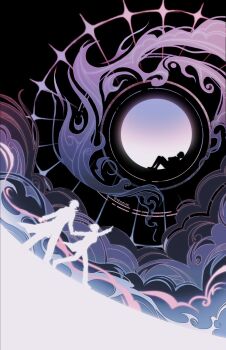 3others cloud coat crossed_arms dutch_angle evie_(baoxiao) faceless full_body halo han_sooyoung highres holding_hands kim_dokja knees_up limited_palette lying moon multiple_others omniscient_reader&#039;s_viewpoint open_clothes open_coat pointing pointing_at_another running silhouette spiked_halo yoo_joonghyuk