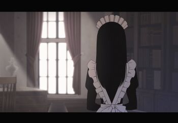 1girl animated animated_gif apron black_hair bookshelf bouncing_breasts breasts breasts_out english_text frilled_apron frills highres kusujinn letterboxed long_hair looking_at_viewer looking_back maid maid_apron maid_headdress medium_breasts nipples original solo subtitled table turning_around upper_body white_apron window