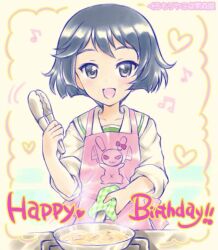 Rule 34 | :d, apron, artist name, birthday, black eyes, black hair, bob cut, collarbone, commentary, cooking, english text, food, frying pan, girls und panzer, hand up, happy birthday, heart, highres, holding, holding cloth, holding frying pan, holding tongs, kuromori yako, looking at viewer, musical note, ooarai school uniform, open mouth, pink apron, sailor collar, school uniform, serafuku, shirt, short hair, sleeves rolled up, smile, steam, stove, straight-on, tongs, translated, upper body, utsugi yuuki, white sailor collar, white shirt