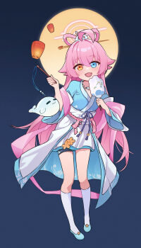 1girl :d absurdres ahoge blue_archive blue_eyes chinese_clothes fang feixianji_(hairstyle) full_body full_moon hair_ornament hair_rings halo hand_fan hanfu heterochromia highres holding hoshino_(blue_archive) hoshino_(mid-autumn_festival)_(blue_archive) jiaoling_ruqun kneehighs long_hair long_sleeves looking_at_viewer moon open_mouth pink_hair simple_background smile socks solo tuanshan yellow_eyes zfj