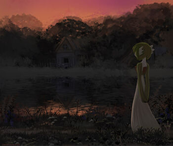 arms_behind_back bob_cut cabin calmnivore colored_skin dress forest gardevoir gen_3_pokemon grass green_hair green_skin multicolored_skin nature nintendo outdoors pokemon pokemon_(creature) tree two-tone_skin water white_dress white_skin