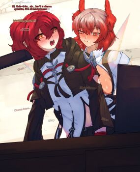 1futa 1girl annierosaart arknights artist_name black_gloves blush breasts collared_shirt commentary_request desk energy_wings english_text exusiai_(arknights) fiammetta_(arknights) futa_with_female futanari gloves highres implied_futanari indoors medium_breasts on_desk open_clothes open_mouth open_shirt orange_eyes red_eyes red_hair sex sex_from_behind shirt sitting white_shirt