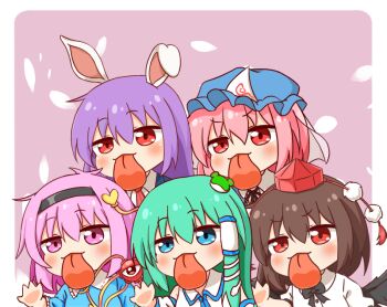 Rule 34 | 5girls, animal ears, blue eyes, blue hat, blue shirt, blush, brown hair, collared shirt, commentary request, frog hair ornament, green hair, hair ornament, hairband, hat, kochiya sanae, komeiji satori, long hair, multiple girls, pink background, pink eyes, pink hair, purple hair, rabbit ears, red eyes, red hat, reisen udongein inaba, saigyouji yuyuko, shameimaru aya, shirt, short hair, tokin hat, tongue, tongue out, touhou, white shirt, wings, yige lurenjia