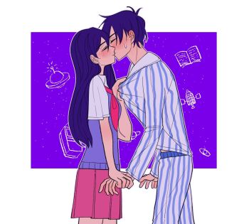 1boy 1girl ^_^ antenna_hair arm_at_side arms_at_sides bare_arms blue_pants blue_shirt blush border breasts closed_eyes closed_mouth collared_shirt commentary couple cowboy_shot from_side hair_behind_ear hand_up hero_(headspace)_(omori) hero_(omori) hetero holding_hands kiss leaning_forward long_hair mari_(headspace)_(omori) mari_(omori) midriff_peek miniskirt neckerchief nose_blush omori outline outside_border pants pink_skirt pleated_skirt profile pulling_another's_clothes purple_background purple_hair red_neckerchief shirt short_hair short_sleeves simple_background skirt small_breasts smile standing straight_hair striped_clothes striped_pants striped_shirt sweatdrop symbol-only_commentary two-tone_pants two-tone_shirt u_u vertical-striped_clothes vertical-striped_pants vertical-striped_shirt very_short_hair white_border white_outline white_pants white_shirt yougotnacho