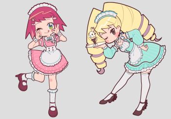 2girls ;p apron aqua_dress big_hair blonde_hair blush_stickers brown_eyes closed_mouth detached_sleeves double_ok_sign dress drill_hair eyelashes food full_body green_eyes grey_background hair_ornament hairclip heart heart_hair_ornament high_heels highres holding holding_plate ice_cream ice_cream_cone long_hair looking_at_viewer luna_platz_(mega_man) maid maid_apron maid_headdress mega_man_(series) mega_man_star_force_(series) miyata_(lhr) multiple_girls ok_sign one_eye_closed pink_dress pink_hair plate puffy_short_sleeves puffy_sleeves shoes short_sleeves socks sonia_strumm_(mega_man) standing standing_on_one_leg thighhighs tongue tongue_out twin_drills very_long_hair white_thighhighs