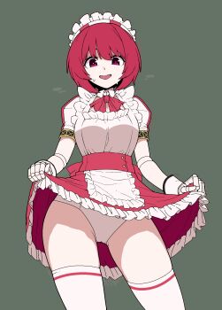 1girl apron bow bowtie clothes_lift commentary dorothy_haze english_commentary formicid frilled_apron frilled_hairband frilled_skirt frills hairband highres looking_at_viewer maid maid_headdress mechanical_hands open_mouth panties panty_peek puffy_short_sleeves puffy_sleeves red_bow red_bowtie red_eyes red_hair red_skirt short_hair short_sleeves skirt skirt_lift solo sweatdrop thighhighs underwear va-11_hall-a white_apron white_panties white_thighhighs