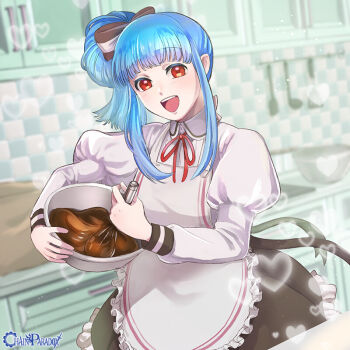 Rule 34 | 1girl, akamikinoworks, aoi dialogue, apron, black bow, blue hair, bow, chain paradox, copyright name, hair bow, hair up, indoors, kitchen, long hair, long sleeves, looking at viewer, mixing bowl, puffy long sleeves, puffy sleeves, red eyes, smile, solo