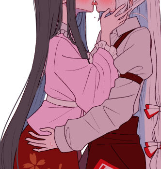 2girls blush bow commentary_request frilled_sleeves frills fujiwara_no_mokou grey_hair hair_bow highres houraisan_kaguya kiss long_hair long_sleeves multiple_girls multiple_hair_bows pants petal_print pink_shirt print_skirt red_pants red_skirt shirt simple_background skirt suspenders tamiko_(tamik0224) touhou very_long_hair white_background white_shirt wide_sleeves yuri