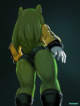 1girl animal_ears artist_name ass boots commentary cropped_shirt english_commentary from_below furry furry_female gloves green_fur hair_down highleg_shorts highres jewelry short_tail sonic_(series) sonic_the_hedgehog_(idw) soranygyart surge_the_tenrec tail tenrec_girl thighs white_gloves