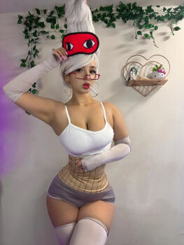 1girl armpits ayase_seiko ayase_seiko_(cosplay) bare_shoulders breasts chanel_flores chanelflores cigarette cleavage cosplay cosplay_photo crossed_legs dandadan dolphin_shorts earrings elbow_gloves eye_mask female_focus fingerless_gloves glasses gloves hoop_earrings jewelry large_breasts long_hair mask photo_(medium) pink_nails real_life red-framed_eyewear red_lips shirt shorts sleeping_mark sleeveless sleeveless_shirt solo thighhighs underbust updo white_hair white_shirt wig