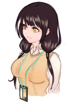 1girl black_hair breasts closed_mouth collared_shirt eonsang expressionless girls'_frontline id_card lanyard long_hair low_twintails medium_breasts original ro635_(girls'_frontline) shirt short-sleeved_sweater short_sleeves sweater twintails white_shirt yellow_eyes yellow_sweater