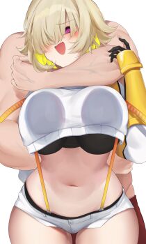 1boy 1girl absurdres against_glass ahoge black_gloves black_sports_bra blonde_hair blush breasts choke_hold clothing_cutout crop_top cropped_sweater elegg_(nikke) exposed_pocket gloves goddess_of_victory:_nikke grey_shorts hair_intakes hair_over_eyes highres large_breasts long_bangs long_sleeves micro_shorts midriff multicolored_gloves multicolored_hair navel open_mouth purple_eyes short_hair shorts shoulder_cutout sports_bra strangling suspender_shorts suspenders sweater thigh_strap thighs two-tone_hair yellow_gloves yu_seol_69