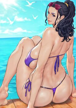 1girl ass b_0_rukia bikini blue_eyes breasts curvy highres huge_ass huge_breasts large_breasts long_hair nico_robin ocean one_piece outdoors ponytail solo sunglasses swimsuit