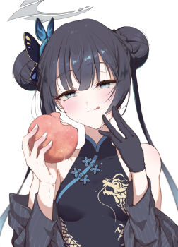 1girl :q black_dress black_gloves black_hair blue_archive blush breasts butterfly_hair_ornament chabo_24 china_dress chinese_clothes closed_mouth coat collarbone double_bun dragon_print dress food fruit gloves grey_coat grey_eyes grey_halo hair_bun hair_ornament halo highres holding holding_food holding_fruit kisaki_(blue_archive) long_hair long_sleeves peach simple_background single_glove small_breasts solo striped_coat tongue tongue_out twintails upper_body vertical-striped_coat white_background