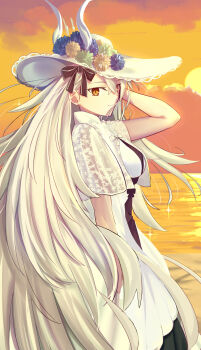 1girl arm_at_side arm_up beach black_ribbon blue_flower capelet closed_mouth cloud crossed_bangs dress earrings fate/grand_order fate_(series) flower green_flower hair_between_eyes hair_ribbon hat hat_flower highres iro_(sekaixiro) jewelry large_hat long_hair looking_at_viewer ocean olga_marie_animusphere outdoors ribbon sand see-through_capelet see-through_clothes smile solo stud_earrings sun sun_hat sunset two-tone_dress u-olga_marie u-olga_marie_(first_ascension) very_long_hair water white_capelet white_dress white_hair white_hat wide_brim yellow_eyes yellow_flower