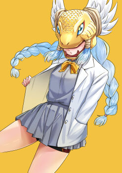 1girl absurdres alternate_costume bike_shorts bike_shorts_under_skirt blue_hair bow bowtie braid breasts collared_shirt commentary_request covered_eyes cowboy_shot digimon digimon_(creature) digimon_story:_time_stranger floating_hair gold_helmet grey_shirt grey_skirt hair_ribbon hand_in_pocket hasegawa_(hase_popopo) helmet helmet_over_eyes highres jacket light_blush long_hair long_sleeves medium_breasts minervamon miniskirt open_clothes open_jacket parted_lips pleated_skirt red_nails ribbon school_uniform shirt skirt solo standing tress_ribbon twin_braids very_long_hair white_jacket winged_helmet yellow_background yellow_bow yellow_bowtie