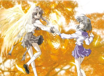 black_hairband brown_hair hairband high-waist_skirt highres hizuki_ayaka imasaka_yue memories_off memories_off_1 miniskirt non-web_source official_art open_mouth sailor school_uniform short_hair skirt wings yellow_hairband