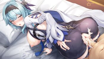 Rule 34 | 1boy, 1girl, all fours, anus, ass, bed sheet, bent over, blue necktie, blush, breasts, breasts out, cape, clothed female nude male, clothed sex, commentary request, cum, cum in pussy, eula (genshin impact), genshin impact, hair ornament, hairband, hand on own ass, hetero, highres, large breasts, large variant set, leotard, long hair, necktie, nipples, nude, on bed, penis, pillow, pineapp panda, puckered anus, pussy, sex, thighhighs, torn clothes, torn leotard, uncensored, vaginal, variant set