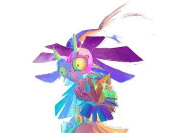 1boy arm_up belt brown_gloves capelet cowboy_shot gloves hat highres male_focus mask nintendo simple_background skull_kid solo tama_222 the_legend_of_zelda the_legend_of_zelda:_majora&#039;s_mask twitter_username white_background witch_hat