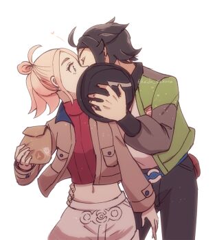 1boy 1girl ahoge black_hair black_hat black_pants closed_eyes commentary_request hair_bun hat hetero holding holding_unworn_clothes holding_unworn_hat jacket kaidou_mitsuki kiss looking_at_another midriff nintendo open_clothes open_jacket pants paxton_(pokemon) pink_hair pocket pokemon pokemon_legends:_z-a profile red_sweater shorts simple_background single_hair_bun sweater taunie_(pokemon) twitter_username unworn_hat unworn_headwear white_background white_shorts