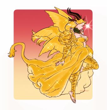 1girl aatom87 barefoot blonde_hair breasts cleavage closed_eyes collar commentary dungeon_meshi english_commentary extra_arms from_side fur_dress green_collar highres horns large_breasts lion_tail marcille_donato pointy_ears solo tail winged_lion_(dungeon_meshi) wings yellow_fur