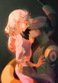 1boy 1girl arthropod_boy breasts closed_eyes dress facing_another fewer_digits from_side gradient_background green_background hetero highres hunter_x_hunter komugi_(hunter_x_hunter) light_particles looking_at_another meruem naemonaemo0523 profile purple_dress purple_eyes small_breasts subsurface_scattering tail u_u unfinished white_hair