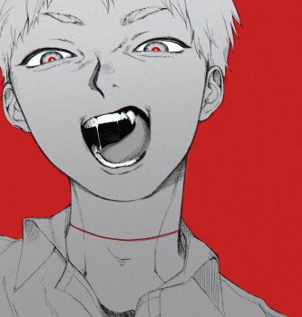 Rule 34 | 1boy, collared shirt, fang, hashtag-only commentary, hikaru ga shinda natsu, indou hikaru, looking at viewer, male focus, master master01, portrait, red background, red pupils, saliva, scar, scar on neck, shirt, short hair, simple background, solo, spot color, teeth, tongue