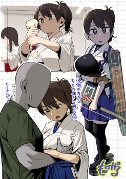 1boy 2girls archery_shooting_glove armor bald black_thighhighs blue_hakama blue_skirt breastplate breasts brown_eyes brown_gloves brown_hair chest_guard colored_skin expressionless faceless faceless_male full_body geso_smith geta gloves grabbing_another&#039;s_breast green_shirt grey_skin groping guided_breast_grab guiding_hand hakama hakama_short_skirt hakama_skirt hand_on_own_arm hands_up highres holding japanese_clothes kaga_(kancolle) kantai_collection large_breasts long_sleeves mayonnaise medium_hair motion_lines multiple_girls muneate muscular muscular_male obi one_side_up open_mouth partially_fingerless_gloves rice sash shirt signature skirt standing sweatdrop t-shirt thighhighs translation_request upper_body veins veiny_hands white_dougi white_shirt wide_sleeves zettai_ryouiki