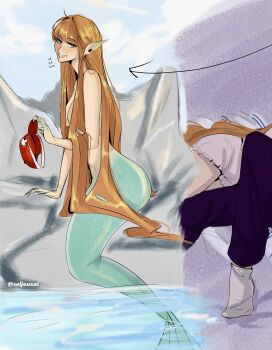 Rule 34 | 2girls, arrow (symbol), artist name, blonde hair, blue eyes, blue tail, commentary, english commentary, fins, hat, head fins, highres, holding, holding unworn clothes, holding unworn hat, laughing, long hair, mermaid, monster girl, multiple girls, original, pants, pointy ears, purple pants, red hat, seijousai, selin (seijousai), socks, thumbnail collage, tori (seijousai), unworn hat, unworn headwear, very long hair, white socks