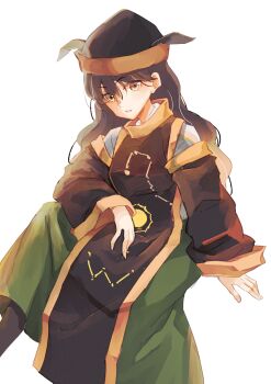 Rule 34 | 1girl, absurdres, alternate color, alternate hair color, atoki, black hat, brown hair, brown tabard, commentary request, constellation print, detached sleeves, green skirt, hat, highres, long hair, looking at viewer, matara okina, okina's natural hair color, simple background, sitting, skirt, solo, sun print, tabard, textless version, touhou, white background, wide sleeves, yellow eyes
