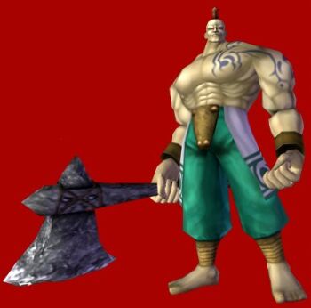 1boy 3d axe ayne barefoot full_body legaia_2_duel_saga legaia_densetsu lowres male_focus mohawk muscular natsumi_arisawa official_art red_background simple_background solo standing stone tall tattoo weapon