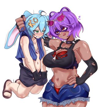1boy 1girl age_difference blue_hair breasts dark-skinned_female dark_skin delinquent embarrassed grabbing_from_behind green_eyes gyaru hair_ornament hairpin large_breasts motion_lines onee-shota original picking_up purple_hair red_eyes rox_ruckus sandals shorts shota smug tan torn_clothes visible_bra_through_clothes