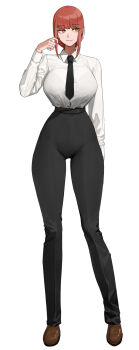 1girl black_necktie black_pants breasts brown_footwear chainsaw_man closed_mouth collared_shirt dress_shoes formal_clothes full_body hand_up highres large_breasts makima_(chainsaw_man) necktie office_lady orange_eyes pant_suit pants red_hair ringed_eyes senju_(snz0) shirt sidelocks simple_background smile solo standing suit white_background white_shirt