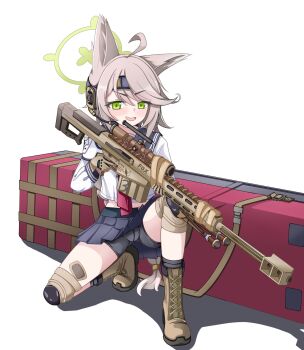 1girl ahoge animal_ears anti-materiel_rifle barrett_m82 bike_shorts blue_archive boots brown_hair combat_boots commentary_request fox_ears fox_girl gloves green_eyes green_halo gun halo headset highres holding holding_gun holding_weapon knee_pads korean_commentary loang-lipe long_hair looking_at_viewer magazine_(weapon) microphone neckerchief open_mouth otogi_(blue_archive) pleated_skirt red_neckerchief rifle sailor_collar school_uniform serafuku shorts skirt smile sniper_rifle very_long_hair weapon white_background