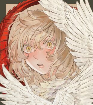 1girl alt_text black_border blonde_hair blush border brown_background chimera colored_eyelashes commentary_request dragon_tail dungeon_meshi eyelashes falin_touden falin_touden_(chimera) feathered_wings feathers hair_between_eyes highres lips looking_at_viewer monster_girl outside_border parted_lips portrait sasakura34 short_hair simple_background slit_pupils solo sparkle tail white_feathers white_wings wide-eyed wings yellow_eyes