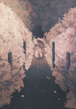 1girl aboottothehead absurdres arm_at_side bob_cut bush day falling_leaves female_focus fence flat_chest full_body gardevoir gen_3_pokemon hair_over_one_eye hand_up highres holding holding_umbrella leaf light_rays monochrome nintendo one_eye_covered outline path pokemon pokemon_(creature) road short_hair solo standing sunlight tree umbrella walking