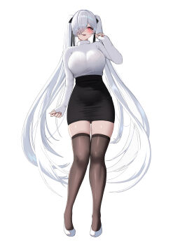 1girl absurdres alternate_costume arm_at_side black_ribbon black_skirt blush breasts bright_pupils brown_thighhighs cinderella_(nikke) commentary fingernails full_body goddess_of_victory:_nikke grey_hair hair_over_one_eye hair_ribbon hand_up high-waist_skirt highres large_breasts long_fingernails long_hair long_sleeves miniskirt one_eye_covered parted_lips pencil_skirt red_eyes ribbed_sweater ribbon s_redbutterfly shoes simple_background skirt sleeves_past_wrists smile solo standing sweater sweater_tucked_in teeth thighhighs turtleneck turtleneck_sweater twintails upper_teeth_only very_long_hair white_background white_pupils white_shoes white_sweater zettai_ryouiki