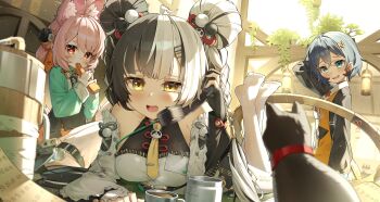 3girls absurdres animal_ear_fluff animal_ears bare_shoulders belle_(zenless_zone_zero) black_hair blue_hair blush braid breasts china_dress chinese_clothes detached_sleeves dialyn_(zenless_zone_zero) dress furry furry_female green_eyes hair_between_eyes hair_ornament highres jewelry long_hair looking_at_viewer maeru multicolored_hair multiple_girls open_mouth phone pink_fur pink_hair rabbit_ears rabbit_girl red_eyes short_hair smile split-color_hair white_hair yellow_eyes zenless_zone_zero zhao_(zenless_zone_zero)